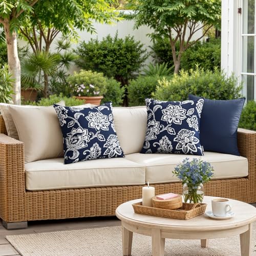 SWANCOCO Decorative Outdoor Floral Pillow Covers Set of 2,Waterproof Boho Farmhouse Throw Pillows Summer Coastal Accent Pillowcases for Patio Furniture Garden Sofa 18x18 Inch, Navy Blue