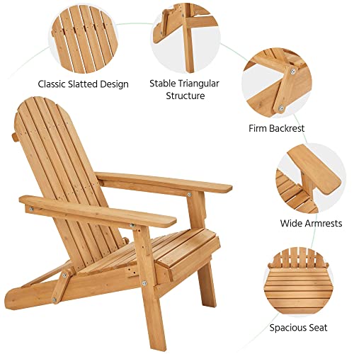 Yaheetech Folding Adirondack Chair Set of 4 Outdoor, 300LBS Solid Wood Garden Chair Weather Resistant, Fire Pit Lounge Chairs for Garden/Yard/Patio/Lawn, Natural Wood