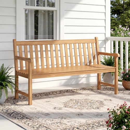 Tangkula 62" Teak Wood Outdoor Bench, 3-Seat Solid Wood Garden Patio Bench with Armrests and Backrest, Wooden Outside Porch Bench Seating Furniture for Backyard, Balcony and Park (62")