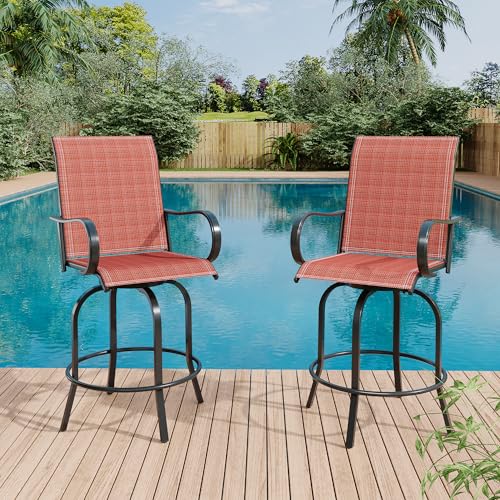 Outdoor Swivel Bar Stools Set of 2, Bar Height Patio Chairs with High Back & Armrest, All-Weather Textilene Fabric 360° Swivel Tall Barstools for Patio, Deck, Backyard, Garden