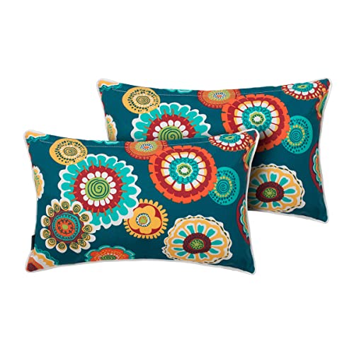 Magpie Fabrics Pack of 2 Outdoor Waterproof Lumbar Rectangular Throw Pillow with Insert 12x20 Inch, Home Decorative Toss Cushion for Patio Garden Car Office (Heronsbill Turquoise Green)