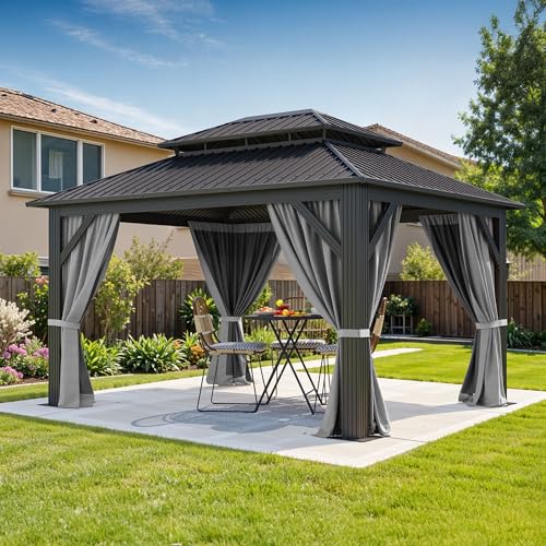 DWVO 12x14ft Hardtop Gazebo Double Roof with Nettings and Curtains, Heavy Duty Galvanized Steel Outdoor Roof for Patio, Backyard, Deck, Lawns, Gray