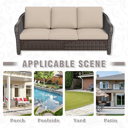 Qsoer 77 inch Outdoor Wicker 3 Seater Sofa, All-Weather Use Patio Rattan Sofa with Seat and Back Cushion, Ideal for Porch, Backyard, Balcony, Poolside, Beige