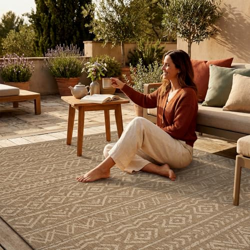 MontVoo-Outdoor Rug-Patio Rug 8x10 Polypropylene Indoor Outdoor Rug Outdoor Carpet for Patio Deck Balcony Porch, Textured Weave, Durable for High Traffic, Fade-Resistant, Boho Farmhouse Neutral Brown