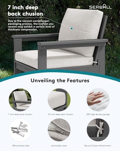 SERWALL HDPE Patio Conversation Set, 6-piece Sectional Outdoor Furniture Set, All Weather Outdoor Couch Set Patio Furniture Set for Deck, Lawn, Grey Frame with Khaki Cushion