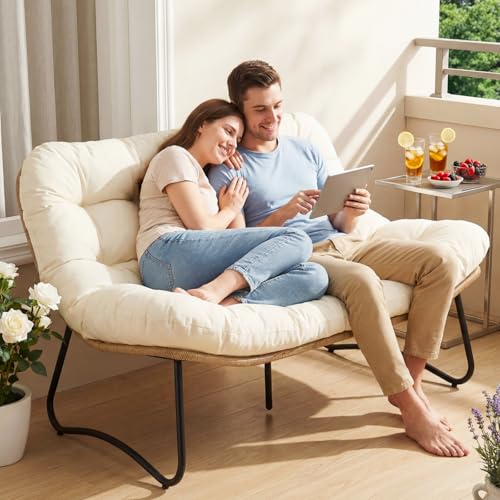 RADIATA Outdoor Patio Loveseat, Boho Lounge Couch with Comfy Thick Cushion, Durable Wicker Papasan Loveseat Furniture, 2 Person Small Balcony Couch for Apartment Porch Backyard Poolside, Beige