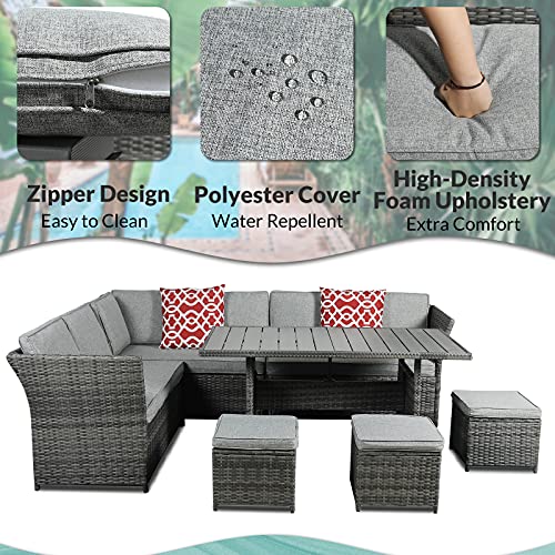 MEETWARM 7 Pieces Wicker Patio Furniture Set Outdoor Conversation Set All Weather Rattan Sectional Sofa Couch Garden Dining Table Chair Set with Ottoman (Gray)