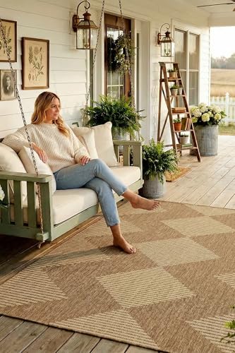 MontVoo-Outdoor Rug Carpet Patio Rug 5x7 ft Polypropylene Indoor Outdoor Rugs for Patio Deck Balcony Porch, Textured Weave, Durable for High Traffic, Fade-Resistant, Boho Geometric Neutral Brown