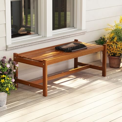 Tangkula Outdoor Wood Bench Backless, Solid Hardwood Patio Dining Bench with Teak Oil Finish & Curved Seat, Farmhouse Wooden Slat Bench for Porch, Garden, Entryway, Poolside, Backyard (1)