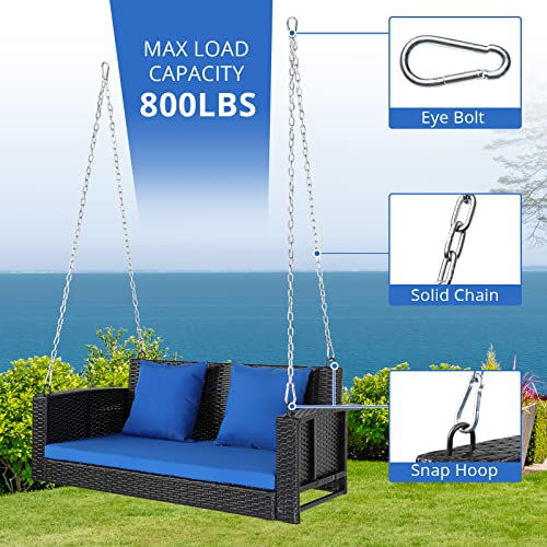 GODECOR 4FT Wicker Porch Swing for 2 Person, 800lb Capacity Outdoor Hanging Bench with Removable Cushions, Handwoven Weather-Resistant PE Rattan for Patio, Garden & Backyard