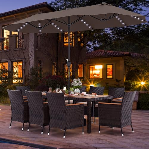 Tangkula 11 Pieces Rattan Outdoor Dining Set with 15Ft Solar Patio Umbrella for 8, Outdoor Wicker Table Set with 8 Cushioned Chairs, Acacia Wood Top, Outdoor Umbrella with Base Included