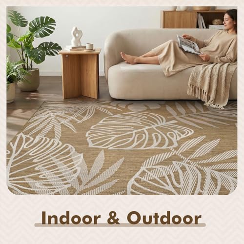 MontVoo-Outdoor Rug-Patio Rug 5x7 ft Polypropylene Indoor Outdoor Rugs Outdoor Carpet for Patio Deck Balcony Porch, Textured Weave, Durable for High Traffic, Fade-Resistant, Tropical Neutral Brown
