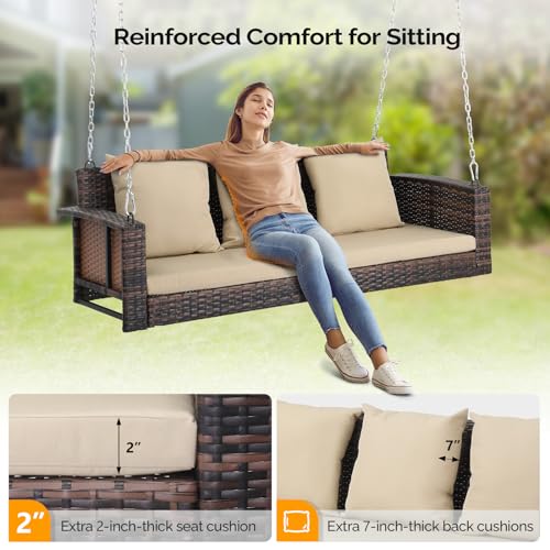 VINGLI Heavy Duty 800 LBS Wicker Hanging Porch Swing with Cushions & Chains, 5FT Outdoor Rattan Swing Bench for Garden, Yard, Lawn (Brown)