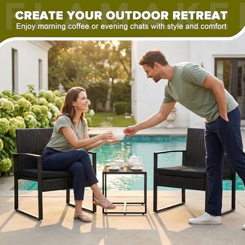 Flamaker 3 Pieces Outdoor Patio Wicker Furniture Set, Modern Rattan Chair Conversation Sets with Coffee Table for Yard and Bistro (Black)