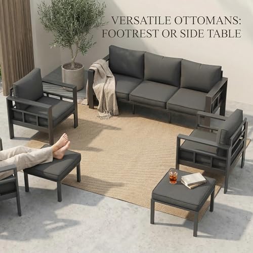 UDPATIO Aluminum Outdoor Furniture Set with 2 Ottomans and Fire Pit Table, 7 Pieces All-Weather & UV-Resistant Patio Sectional Sofa Set for Deck, Backyard, Poolside, Dark Gray