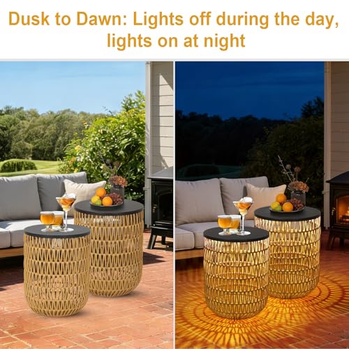 HMVPL Solar Outdoor Side Table Set of 2 with Dimmable Light, Round Patio Side Table for Outside, Outdoor End Accent Tables, Plastic Rattan Patio End Table for Poolside Backyard Gazebo, Dusk to Dawn