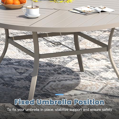 DIFY 9 Pieces Outdoor Patio Dining Set for 8, 53.1" Sandshell Round Metal Dining Table and 8 Sandshell Stackable Sling Dining Chairs, Outdoor Table and Chairs for Lawn Garden Backyard Deck