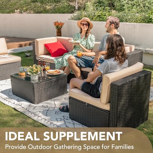 Devoko 5 Pieces Patio Furniture Sets All Weather Outdoor Sectional Patio Sofa Manual Weaving Wicker Rattan Patio Seating Sofas with Cushion and Glass Table (Beige)