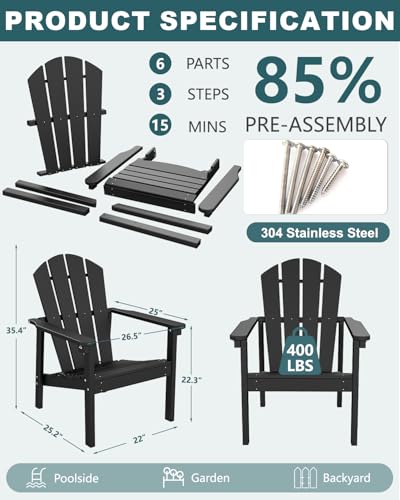 FOLAWO Adirondack Chair Set of 4, All Weather HDPE Fire Pit Chairs, Oversized Plastic Adirondack Chair for Outdoor, Balcony, Deck, Backyard, Patio, Garden, Poolside, Lawn Black