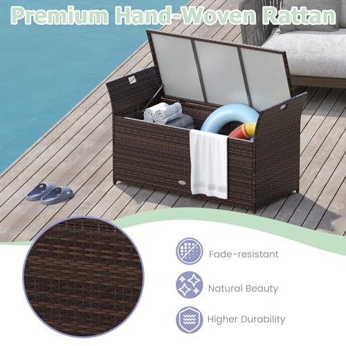 RELAX4LIFE Wicker Outdoor Storage Bench - 68 Gallon Rattan Deck Box w/Side Handles & Soft Cushion for Pillows, Garden Tools, Pool Accessories, Sports Equipment, Patio Bench with Storage for Porch