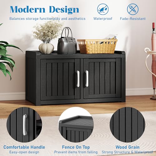 NBYSGO 2-Tier Storage Bench, Waterproof UV-Resistant Outdoor Shoe Storage Cabinet with 2 Doors & Adjustable Shelves for Indoor Outdoor Entryway, Hallway, Living Room (Black)