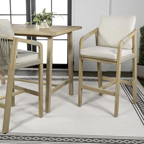JONATHAN Y Porto Acacia Wood Outdoor Bar Stool Set of 2 for Patio and Kitchen Counter, Coastal Woven Rope Armchairs with Removable Cushions, Light Teak BSL1200A-SET2