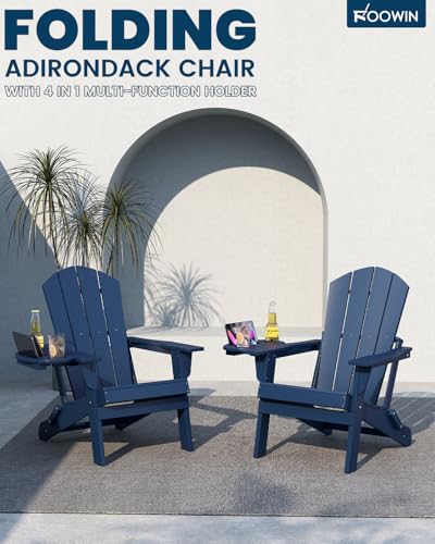 FOOWIN Folding Adirondack Chair Set of 4, HDPE Adirondack Chairs with Cup Holder, Weather Resistant Plastic Fire Pit Chairs for Outdoor, Patio, Lawn, Garden, Backyard, Deck, Dark Blue