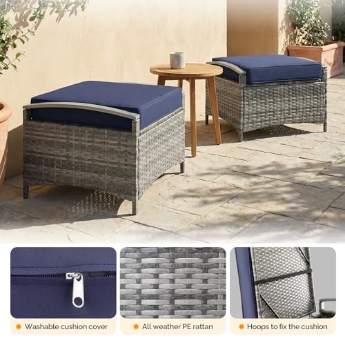 VINGLI 2 Pieces Rattan Ottoman with Storage, Wicker Patio Furniture w/Removable Cushion, Multipurpose Footrest Stool for Outdoor (Classic Gray)