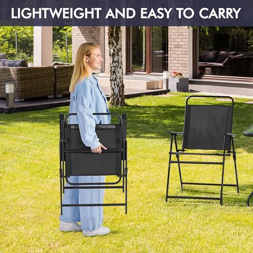 Yaheetech Outdoor Folding Patio Chairs Set of 4, Portable Outdoor Folding Chairs for Outside, Lawn, Garden and Porch with Metal Frame, Armrests, Stackable, Foldable and Portable Design, Black