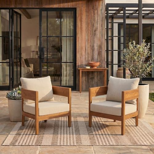 SAFAVIEH Outdoor - Theo Armchair Set of 2 - Natural & Taupe - Solid Wood with Cushion - Mid-Century Slatted Frame Design - Ideal for Patio, Deck, Porch, Backyard, 15" Seat Height (PAT7087A-SET2)