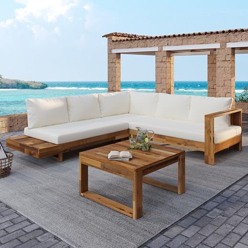 CKLMMC Acacia Wood 4pc Outdoor Sectional Sofa Set with Cushions and Slatted Design - Modern Patio, Deck & Garden Seating for Ultimate Comfort