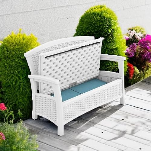 Suncast Elements Stylish Lightweight Loveseat Outdoor Seating with Convenient Built in Universal Storage, and All Weather Resin, White