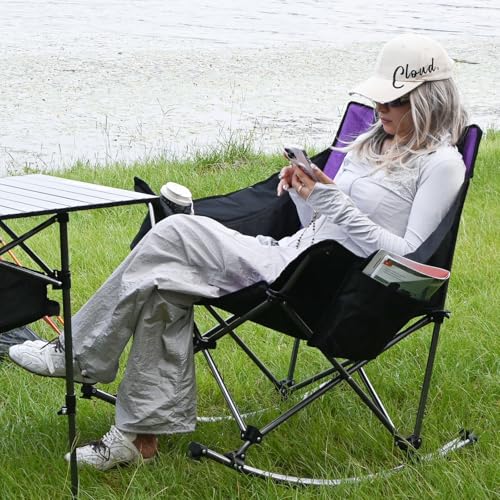 KINGROCK Oversized Rocking Camping Chair with Headrest and Carry Bag, 260LBS Capacity Folding Portable Camp Chairs for Adults, Recliner for Outdoor, Beach, Fishing, Travel, Sports Games,Purple
