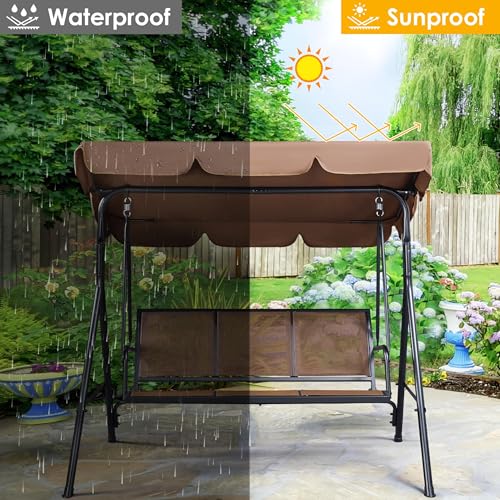 Yaheetech Outdoor Porch Swing Chair for Adults, 3-Seat Patio Hanging Swing w/Adjustable Canopy, Armrests, Porch Swing Sets w/Stand, Breathable Fabric for Backyard/Garden/Balcony, Dark Brown