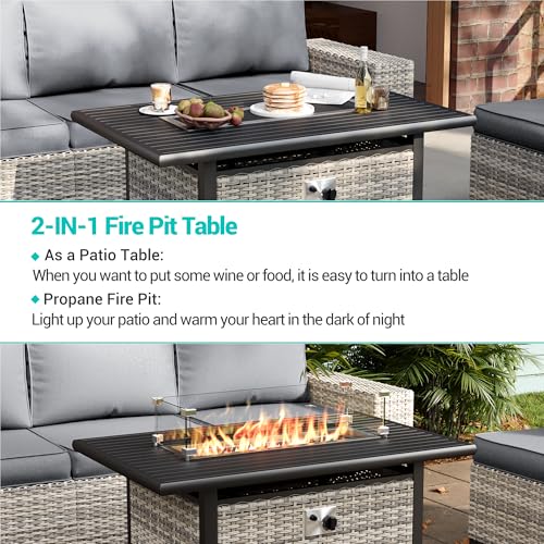 Muphyers 10-Piece Outdoor Patio Furniture Set with Rocking Swivel Chair, PE Wicker Rattan Sectional Sofa Patio Conversation Set with 55,000 BTU Fire Pit Table & Coffee Table, Grey