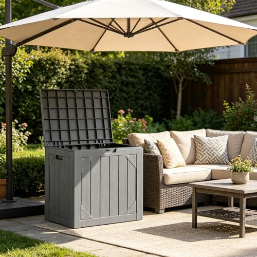 MAKE CHANGES Outdoor Storage Box,30 Gallon Deck Box Outdoor Storage Bench Outside Waterproof Resin Storage Bench, Lockable Patio Cushions, Garden Tools Storage For Furniture, UV Resistant(Gray