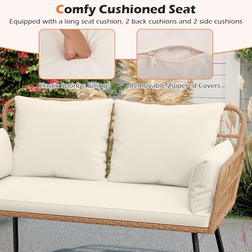 Tangkula Patio Wicker Loveseat, Outdoor 2-Seater PE Rattan Sofa with Pillows, Cushions, Metal Frame & Adjustable Foot Pads, 800 lbs Outside Couch for Porch, Backyard & Poolside (Off White, 50.5" L)