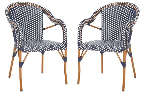 SAFAVIEH Outdoor - California Armchair Set of 2 - Navy & White - Faux Wicker & Aluminum Frame - Woven Bistro Design with Arms - Ideal for Patio, Sunroom, Dining Area, 17.3" Seat Height (PAT7531E-SET2)