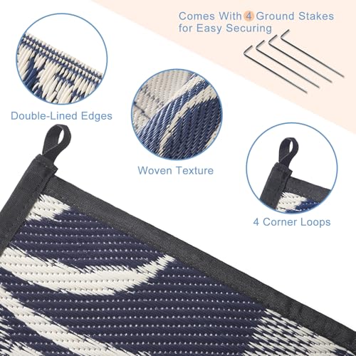OPPODREAM Reversible Outdoor Rug 5x7, Waterproof Outdoor Plastic Straw Rug for Patio, Tropical Leaf RV Camping Rugs for Outside, Deck, Balcony, Porch, Backyard, Camping, Rv, Navy and Cream White