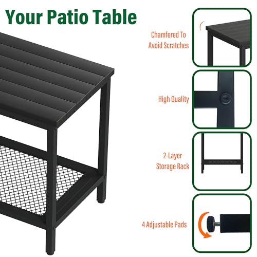 KAAPSAM Outdoor Side Table with Storage, 2-Tier Patio End Tables Weather Resistant, Black Outdoor Accent Table,Small Side Table for Pool, Deck, Garden