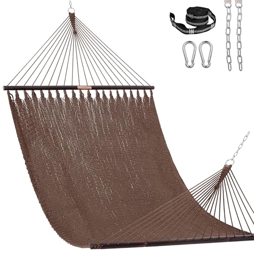 Lazy Daze Hammocks 13 FT Extra Large 2+ Person Caribbean Rope Hammock, Hand Woven Polyester XL Hammock with Spreader Bars, for Outside Outdoor Backyard Patio Poolside, 500 LBS Capacity, Brown