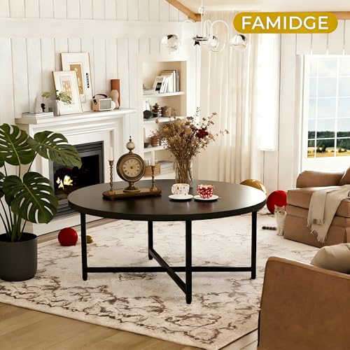 FAMIDGE Coffee Table, 31.5" Round Black Coffee Table for Living Room, Center Tables for Family & Office Use, Circle Coffee Tables Round, Large Black (31.5" D x 17.7" H)