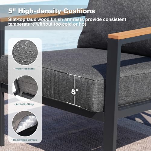 COMLAX FIELD Patio Furniture Set, 4 Pieces Outdoor Furniture Patio Conversation Set with High Back, Faux-Wood Armrest and Tabletop, Outdoor Couch Patio Sofa Set for Balcony, Porch, Backyard, Grey