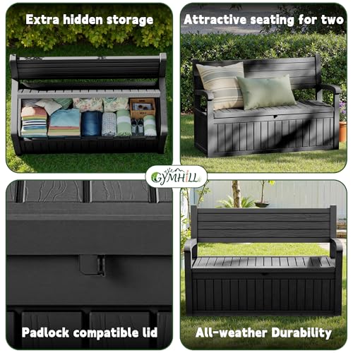 GYMHILL 80 Gallon Outdoor Storage Bench Spacious Storage Box Waterproof Resin Deck Box Lockable for Patio, Garden, Living Room & Outdoor Spaces（Black）