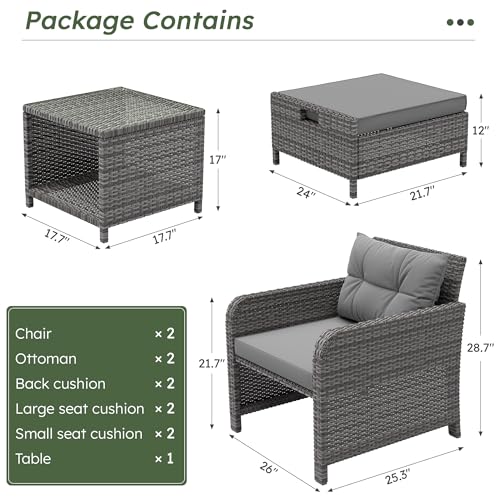 LHBcraft Outdoor Furniture 5 Piece Patio Conversation Set, PE Rattan Patio Set with Soft Cushions & Coffee Table, Outside Furniture with Hidden Ottoman for Porch, Lawn, Garden, Balcony, Grey