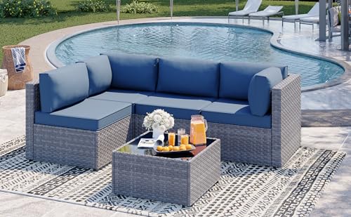 SUNLEI Outdoor Patio Furniture Set 5 Pcs, Rattan Balcony Furniture with Backrest Glass Table & Washable Cushions Small Conversation Patio Set with Sectional Design (Silver/Navy Blue)