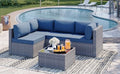 SUNLEI Outdoor Patio Furniture Set 5 Pcs, Rattan Balcony Furniture with Backrest Glass Table & Washable Cushions Small Conversation Patio Set with Sectional Design (Silver/Navy Blue)