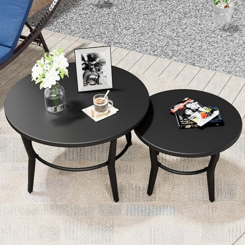 ALAULM Patio Round Coffee Table Set of 2, Outdoor Large Side Table-Weather Resistant Metal Steel for Patio, Backyard, Pool,Lawn(Black)