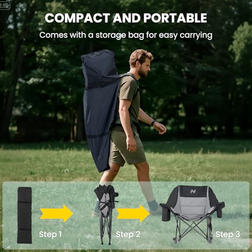 NAIZEA Folding Rocking Camping Chair, Portable Outdoor Rocker with Cooler Bag - 400lbs Capacity, 600D Oxford Fabric, Easy Fold Padded Rocker Chair for Patio, Lawn, Camping, Backyard, Beach