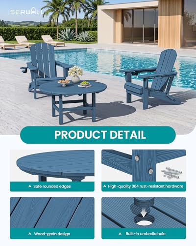SERWALL 35.5'' Round Outdoor Table with Umbrella Hole, HDPE Weatherproof Coffee Table, Blue